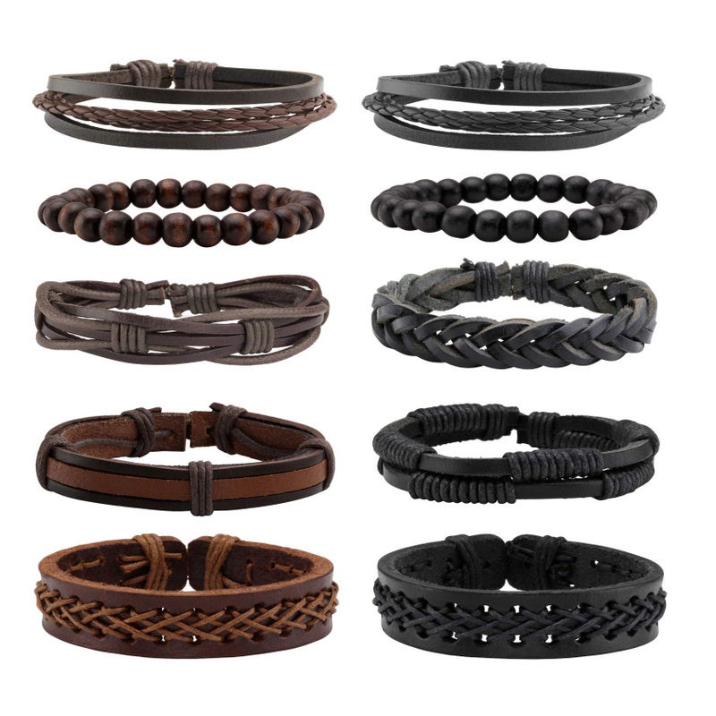 MILAKOO 10 Pcs Braided Leather Bracelet for Men Women Wooden Beaded Bracelets Wrap Adjustable - Image 1